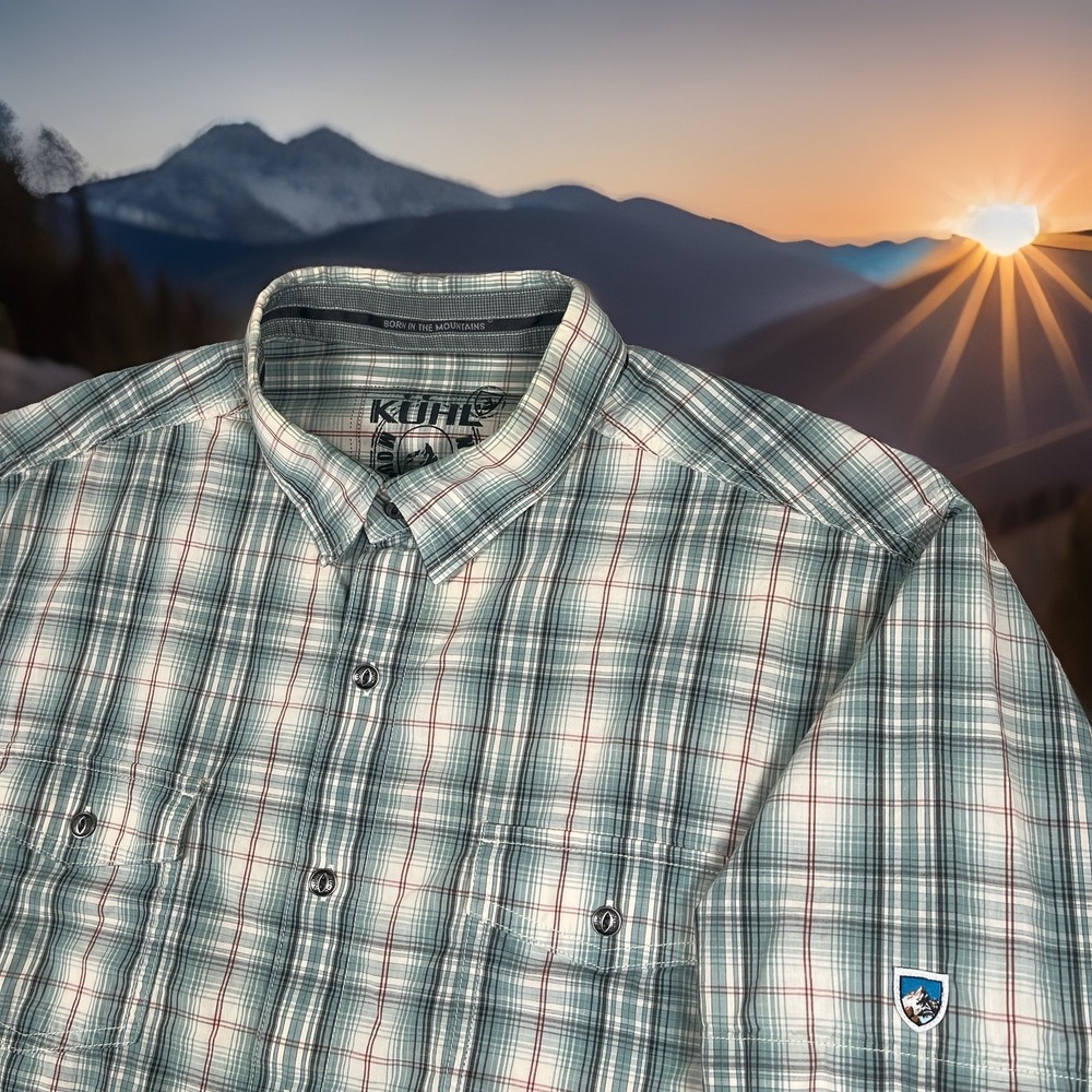 KUHL Mens XL Shirt Plaid Short Sleeve Button Cotton Linen Green Sunglasses Wipe